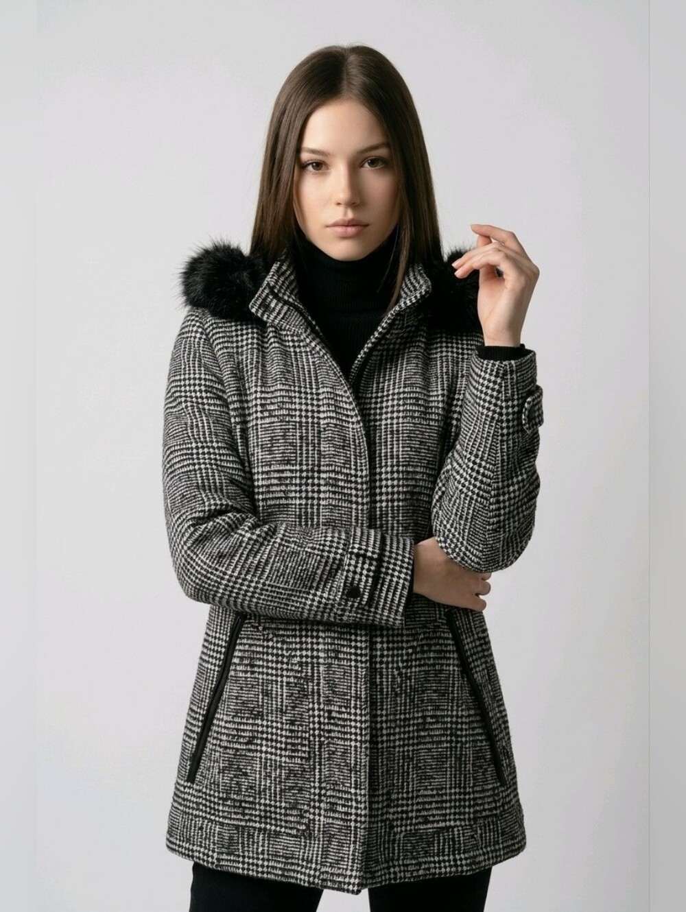Black & White Houndstooth Pea Coat with Faux Fur Collar